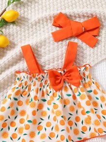SHEIN Baby Girl Lemon Print Bow Front Cami Top & Frill Trim Shorts & Headband - Multicolor - View 4