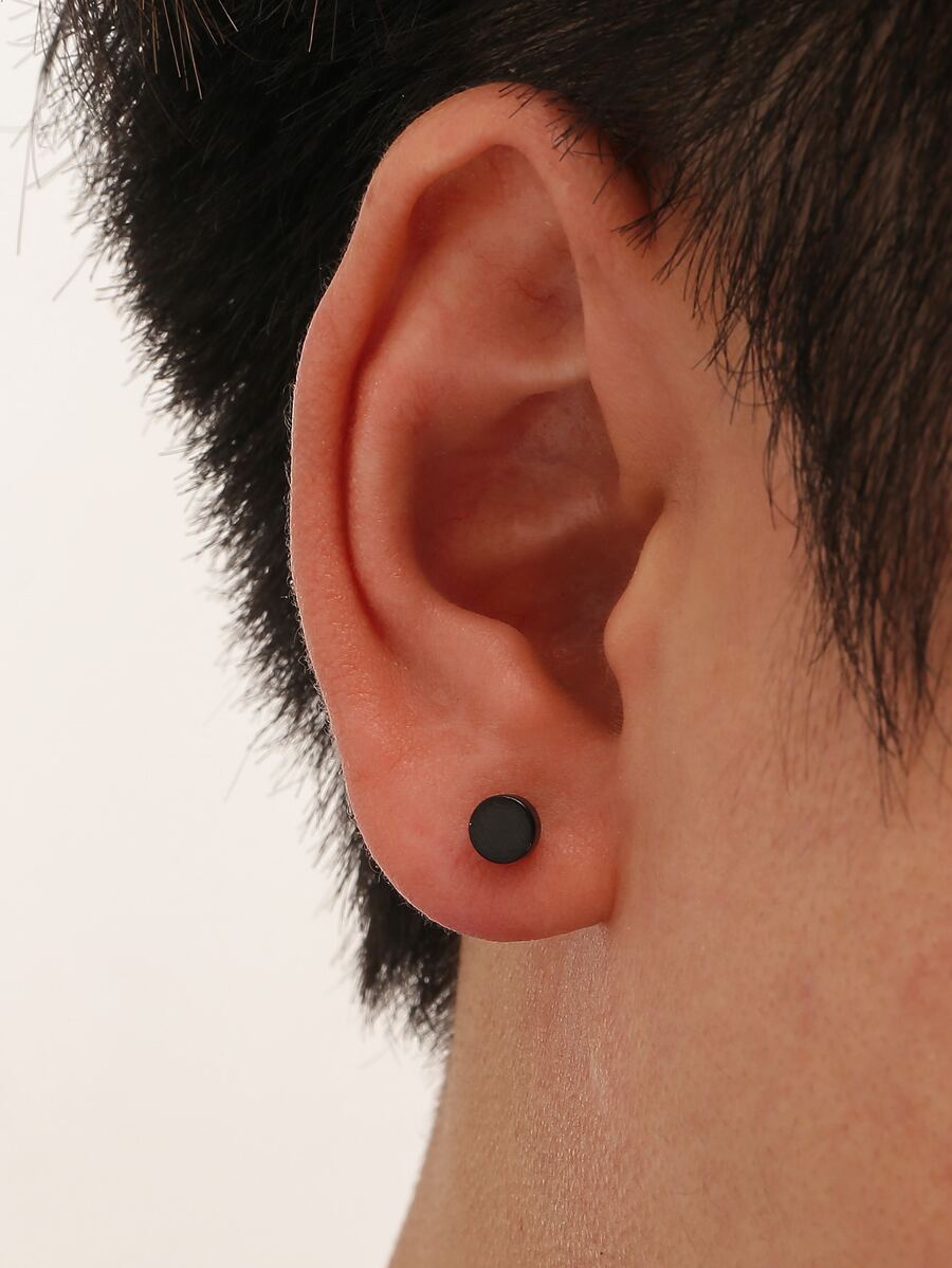 Men Round Stud Earrings - Gun Black - View 1