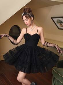 SHEIN MOD 胸部褶皺褶邊網紗吊帶連衣裙 - 黑色 - 查看 1