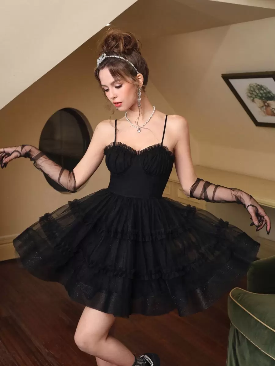 SHEIN MOD 胸部褶皺褶邊網紗吊帶連衣裙 - 黑色 - 查看 1