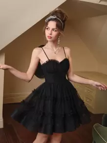 SHEIN MOD 胸部褶皺褶邊網紗吊帶連衣裙 - 黑色 - 查看 5