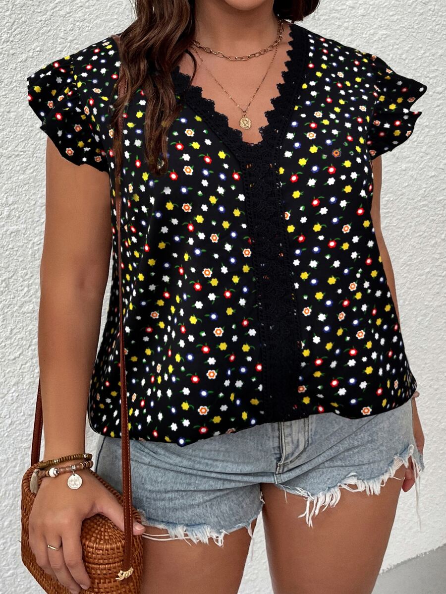 SHEIN LUNE Áo sơ mi Plus Size Tương phản ren Xù Hoa Giải trí - Nhiều màu - Xem 1