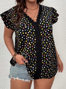 SHEIN LUNE Áo sơ mi Plus Size Tương phản ren Xù Hoa Giải trí - Nhiều màu - Xem 3