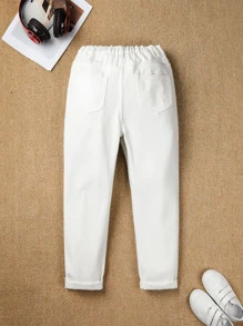 Mirajuku Tween Boy 休闲舒适纯白色时尚牛仔裤、长裤 - 白色 - 查看 2