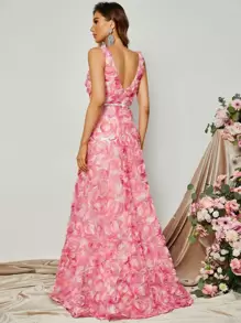 Floral Appliques Mesh Insert Rhinestone Waist Dress - Multicolor - View 2