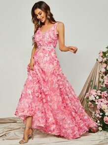 Floral Appliques Mesh Insert Rhinestone Waist Dress - Multicolor - View 4