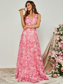 Floral Appliques Mesh Insert Rhinestone Waist Dress - Multicolor - View 5