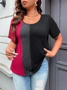 SHEIN LUNE Plus 拼色 T 恤 图案 T 恤 女式上衣 - 彩色 - 查看 3