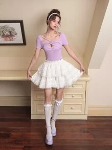 SHEIN MOD Solid Cut Out Crisscross Tie Back Ribbed Tee - Lilac Purple - View 3