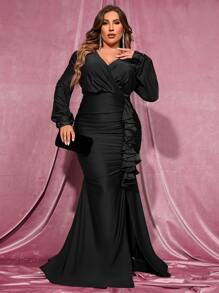 Sukienki plus size Guziki Pomarszczona Zmarszczony Kopertowe Zamek błyskawiczny Wycięcie Prosty Impreza - Czarne - Zobacz 5