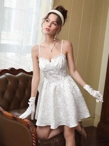 SHEIN MOD Jacquard Frill Trim Cami Dress - White - View 3