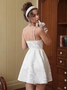 SHEIN MOD Jacquard Frill Trim Cami Dress - White - View 4