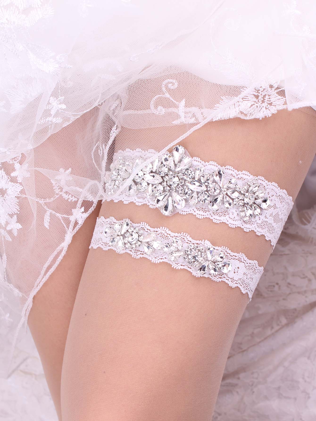 2入組水鑽裝飾新娘吊襪帶 - 白色 - 查看 1