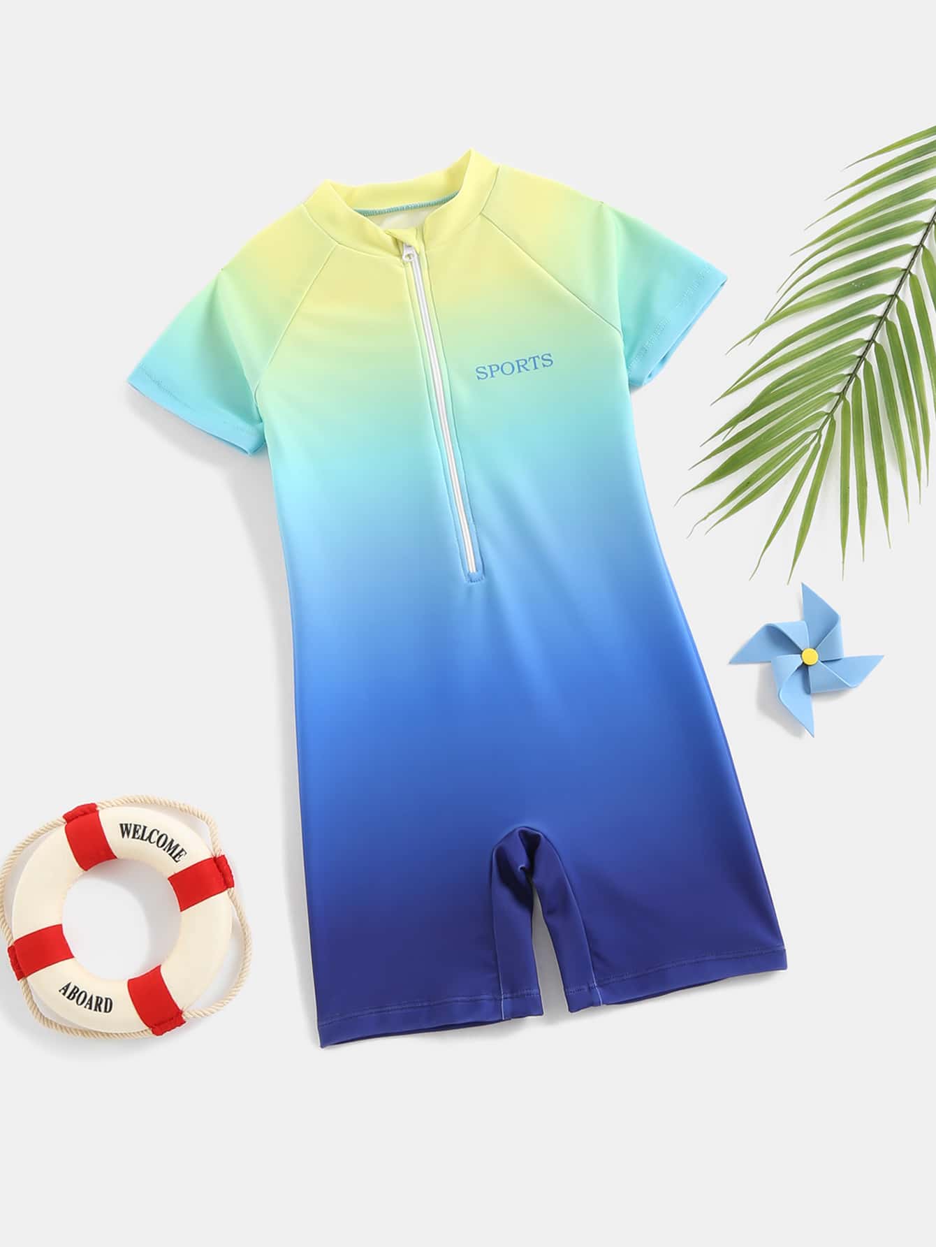 男童漸層印花拉鍊前開式泳衣 - 彩色 - 查看 1