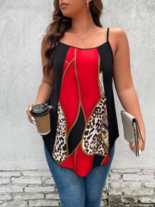 SHEIN LUNE Áo hai dây Plus Size Khối Màu In hoa Báo Giải trí - Đỏ - Xem 6