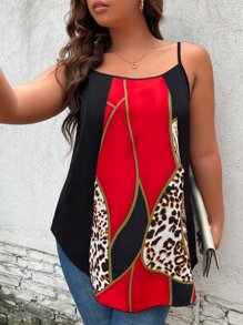 SHEIN LUNE Áo hai dây Plus Size Khối Màu In hoa Báo Giải trí - Đỏ - Xem 3