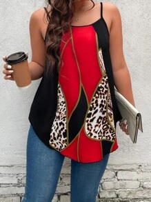 SHEIN LUNE Áo hai dây Plus Size Khối Màu In hoa Báo Giải trí - Đỏ - Xem 4
