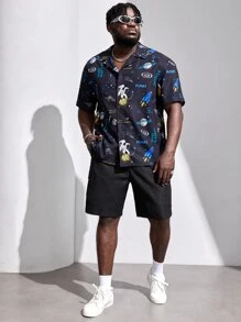 Manfinity Men Plus Letter Graphic Flap Pocket Drawstring Waist Shorts - Black - View 5