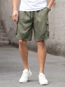 Manfinity Men Flap Pocket Drawstring Waist Cargo Shorts - Army Green - View 1
