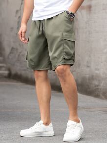 Manfinity Men Flap Pocket Drawstring Waist Cargo Shorts - Army Green - View 3