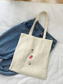 Strawberry & Slogan Graphic Shopper Bag School Bag For Graduate, Teen Girls, Freshman, Sophomore, Junior & Senior In College, University & High School, Perfect For Outdoors ,Travel & Back To School, & Cute Strawberry Purse