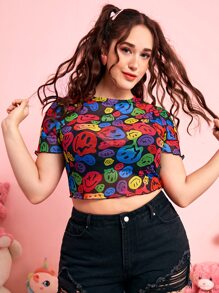 ROMWE Kawaii Plus Cartoon Graphic Lettuce Trim Crop Mesh Top - Multicolor - View 1