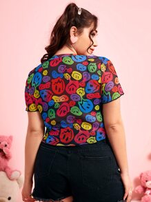ROMWE Kawaii Plus Cartoon Graphic Lettuce Trim Crop Mesh Top - Multicolor - View 2