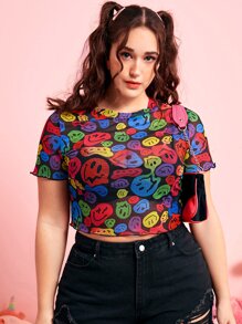 ROMWE Kawaii Plus Cartoon Graphic Lettuce Trim Crop Mesh Top - Multicolor - View 3