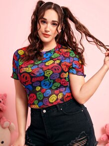 ROMWE Kawaii Plus Cartoon Graphic Lettuce Trim Crop Mesh Top - Multicolor - View 5