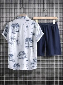 Manfinity RSRT Men Tropical Print Shirt & Drawstring Waist Shorts Without Tee - Blue and White - View 2