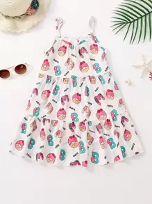Toddler Girls Cartoon Graphic Ruffle Hem Cami Cover Up Dress - White - View 1
