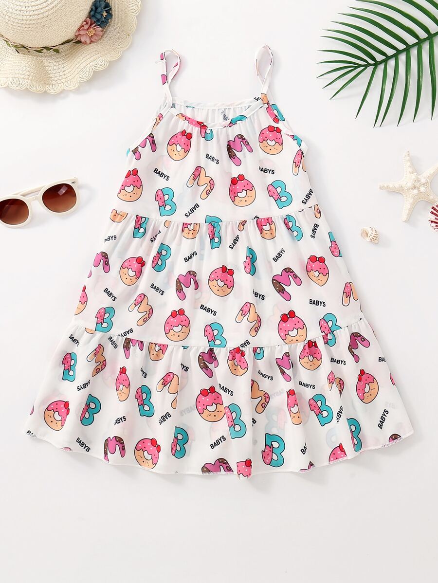 Toddler Girls Cartoon Graphic Ruffle Hem Cami Cover Up Dress - White - View 1
