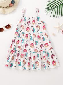 Toddler Girls Cartoon Graphic Ruffle Hem Cami Cover Up Dress - White - View 2