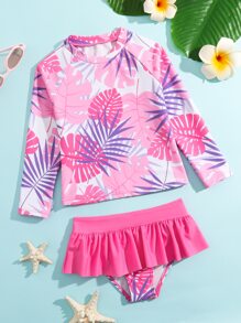 Young Girl Tropical Print Ruffle Hem Tankini Summer Beach - Multicolor - View 1