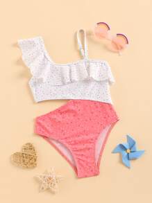 Young Girl Allover Print Ruffle Trim Cut Out One Piece Swimsuit