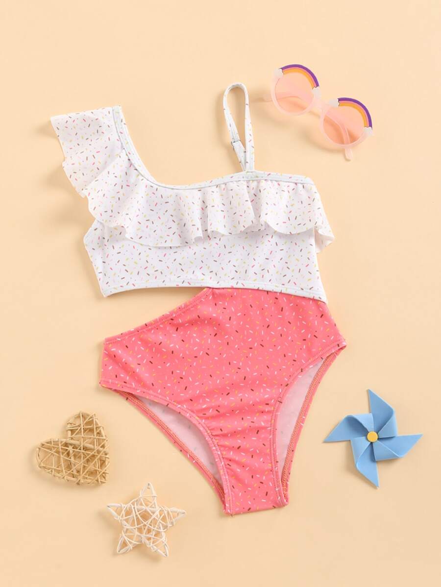 Young Girl Allover Print Ruffle Trim Cut Out One Piece Swimsuit