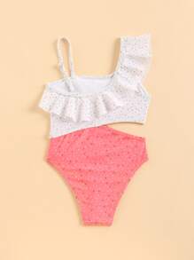 Young Girl Allover Print Ruffle Trim Cut Out One Piece Swimsuit