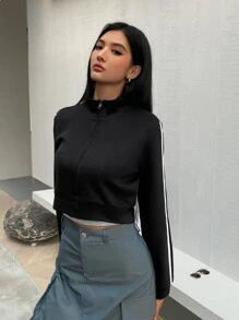 DAZY Zip Up Crop Sweatshirt - Black - View 7