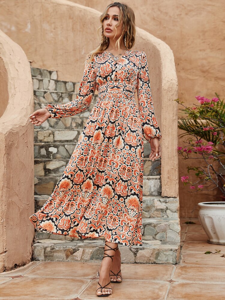 Vestido con estampado de manga farol bajo con fruncido - Multicolor - Añade 1