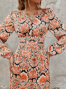 Vestido con estampado de manga farol bajo con fruncido - Multicolor - Ver 4