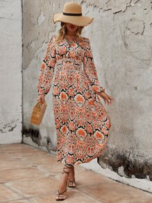 Vestido con estampado de manga farol bajo con fruncido - Multicolor - Ver 6