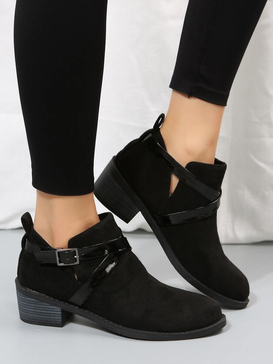 Buckle Decor Faux Suede Chunky Heeled Booties - Black - View 1