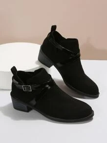 Buckle Decor Faux Suede Chunky Heeled Booties - Black - View 3