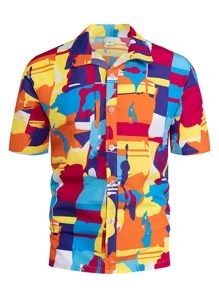 NITAGUT Men Geo Print Button Through Shirt - Multicolor - View 3
