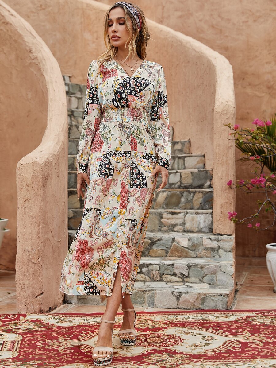 Floral & Paisley Print Split Hem Dress - Multicolor - View 1