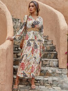 Floral & Paisley Print Split Hem Dress - Multicolor - View 4