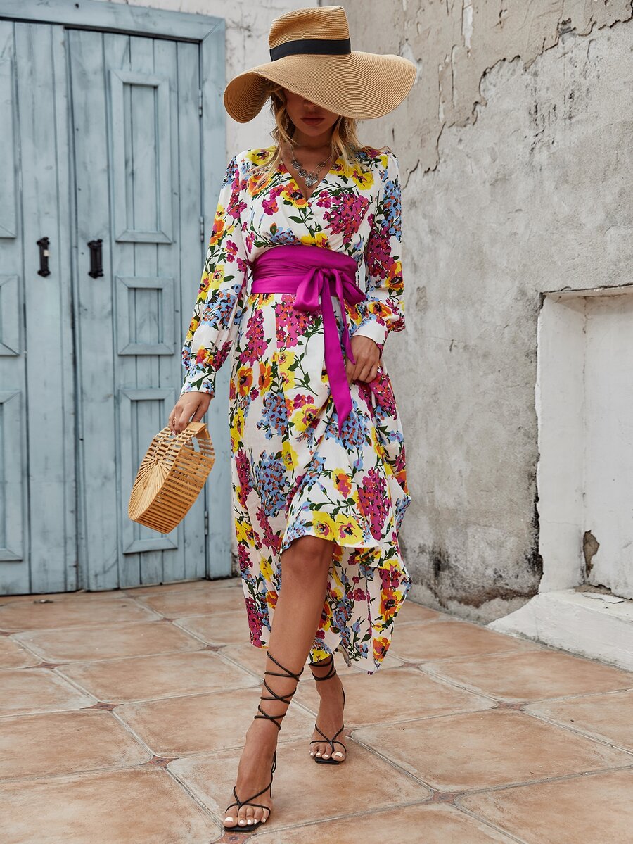 Floral Print Belted Dress - Multicolor - View 1