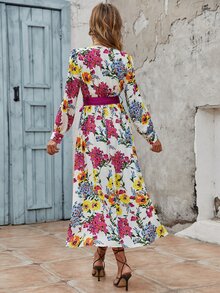Floral Print Belted Dress - Multicolor - View 2