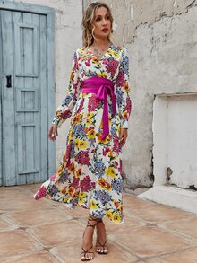 Floral Print Belted Dress - Multicolor - View 4