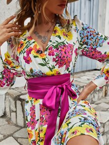 Floral Print Belted Dress - Multicolor - View 5